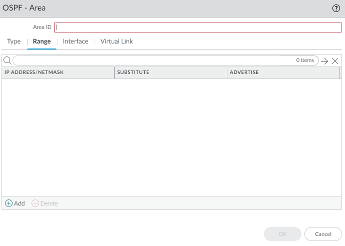 OSPF Area Range configuration window.